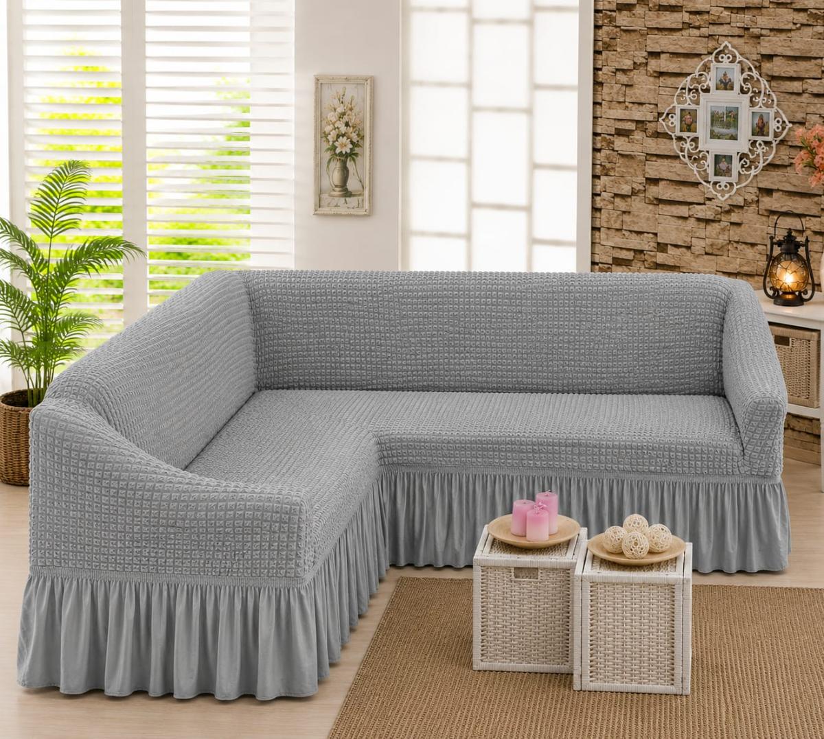 Husă Colțar Creponată cu Volănaș Universală Elastică Mehak Home
