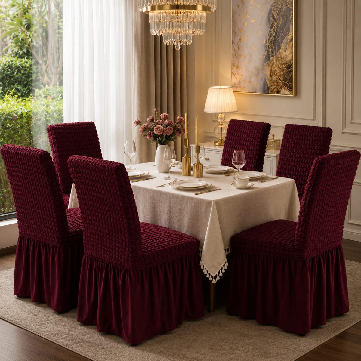 🔥Huse premium superb calitate pentru scaune 6 bucați in set material creponat cu volanași cu elastic se aşezează pe oricare fel de scaune fiind rotund sau pătrat🔥